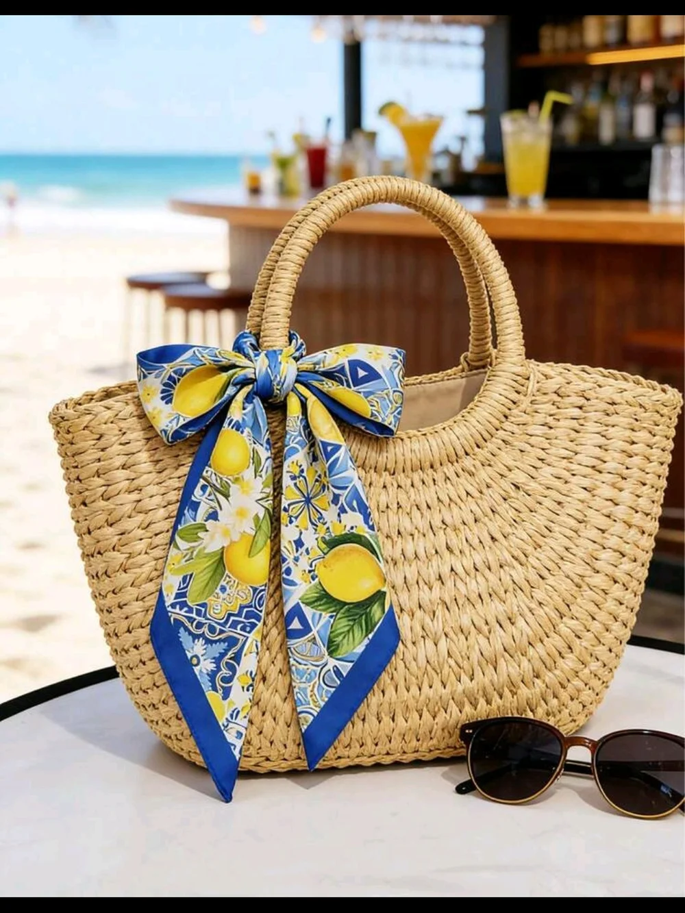 Blue and Yellow Lemon Tile Print Beach Towel - Picture 2 of 3
